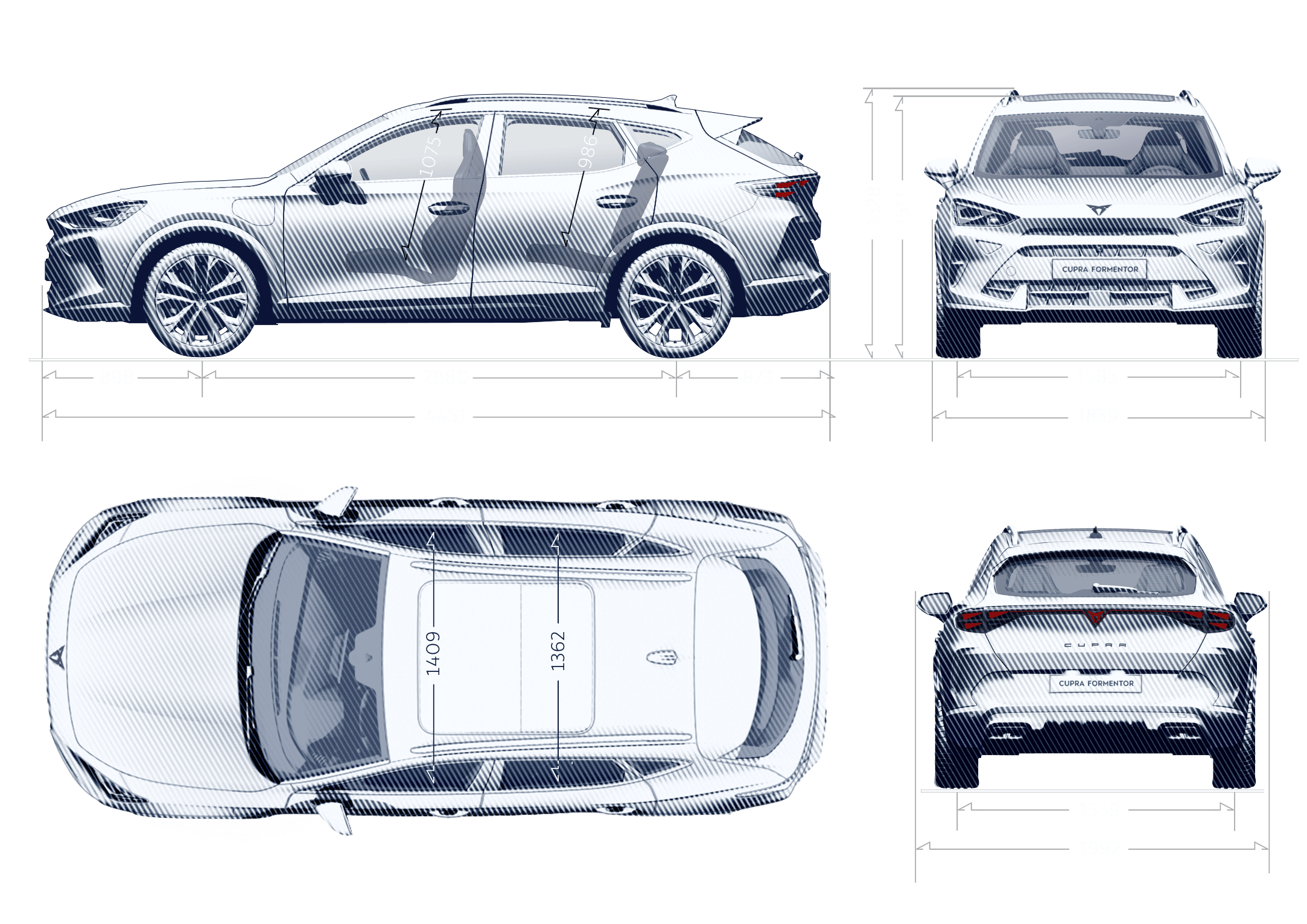 Different views of CUPRA Formentor to display the dimensions of the car.