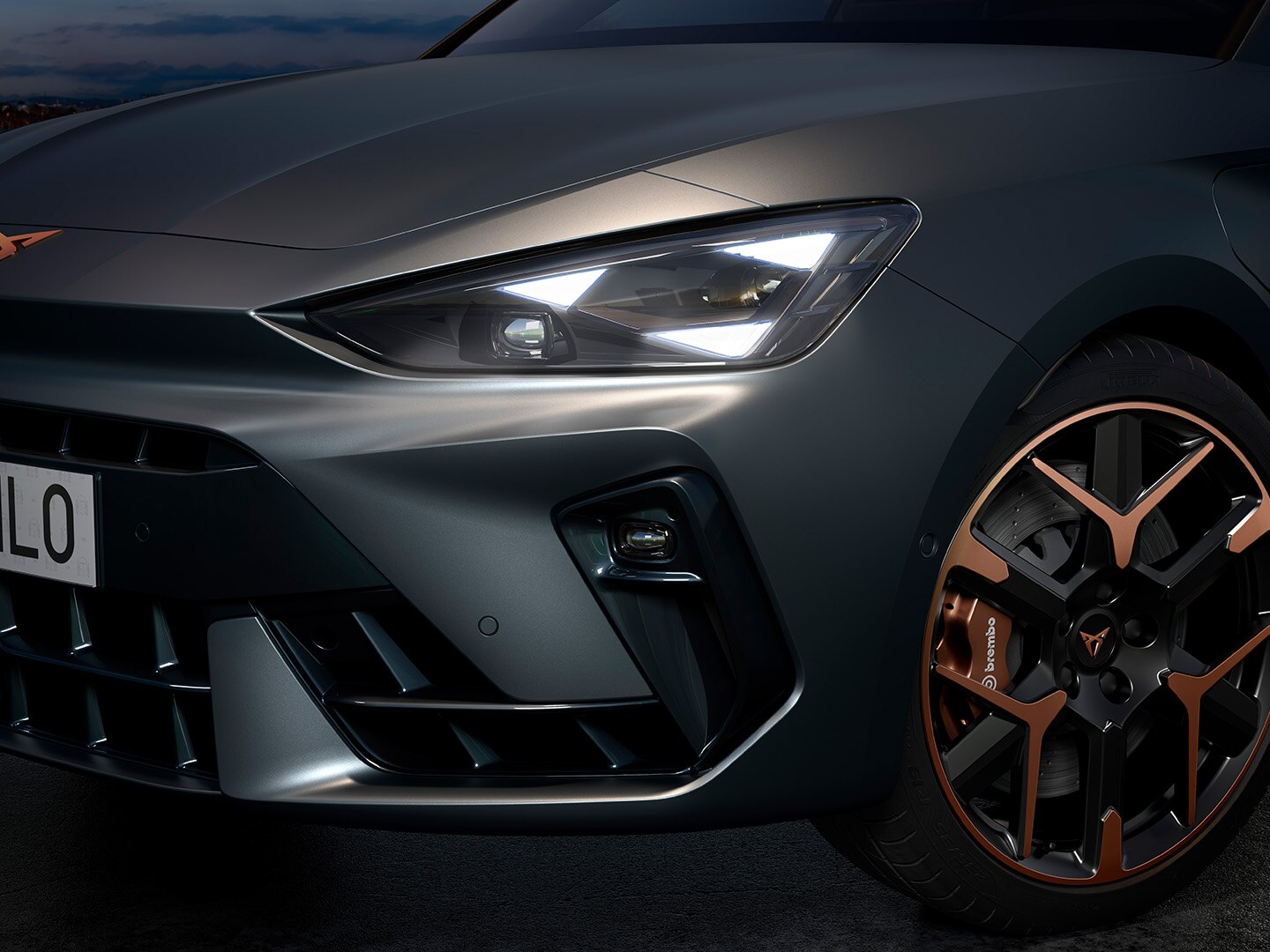 Front close-up of the CUPRA Leon, which includes CUPRA Matrix LEDs.