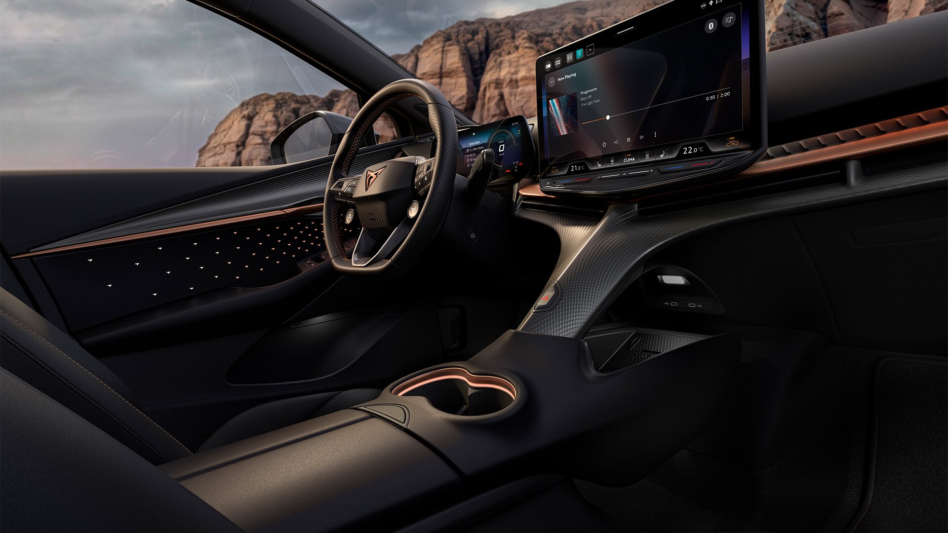 Interior view of the CUPRA Tavascan Black Edition revealing the upholstery, among other details.