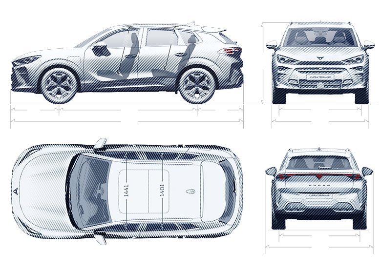 Different views of CUPRA Terramar to display the dimensions of the car.