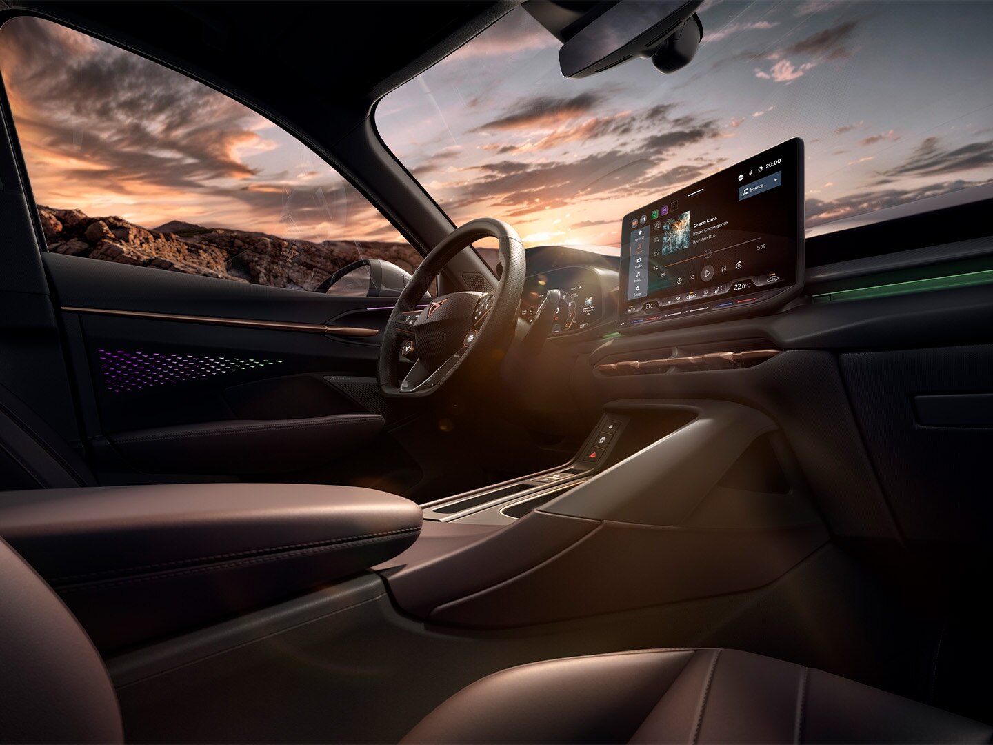 Details of the High Canyon interior design, such as seats in Dark Burgundy or the dashboard.