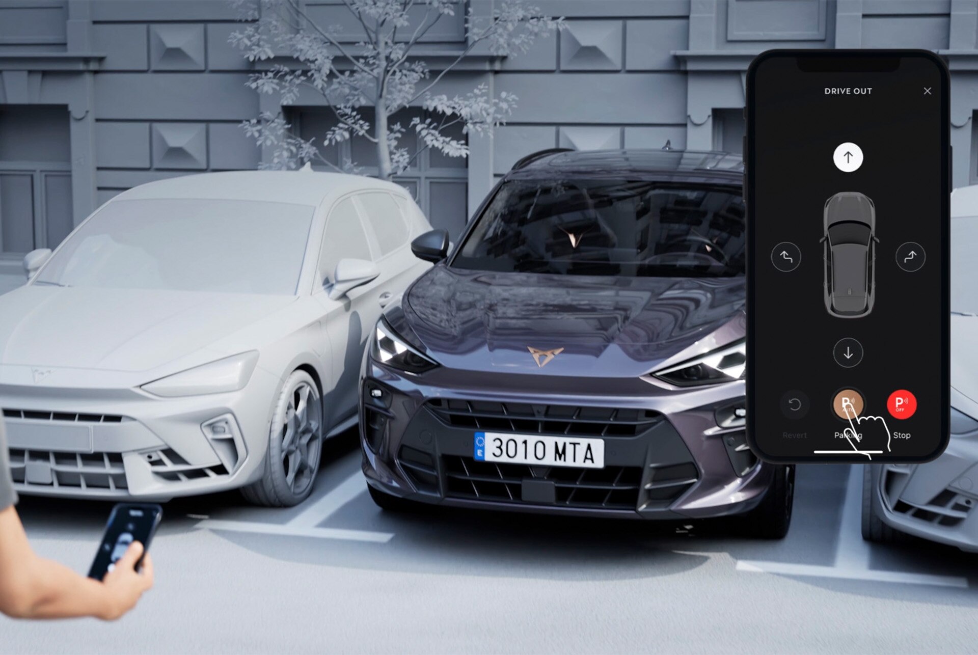 Image of the remote park assist functionality in the CUPRA Terramar, illustrating advanced parking technology that enables remote manoeuvres via smartphone for enhanced convenience and innovation.