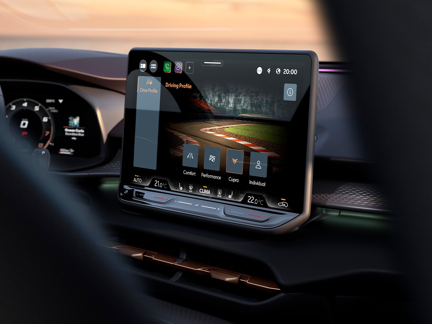 CUPRA Terramar 12.9" infotainment system displaying the new Dynamic Chassis Control (DCC) feature, which boosts driving dynamics with adaptive damper.