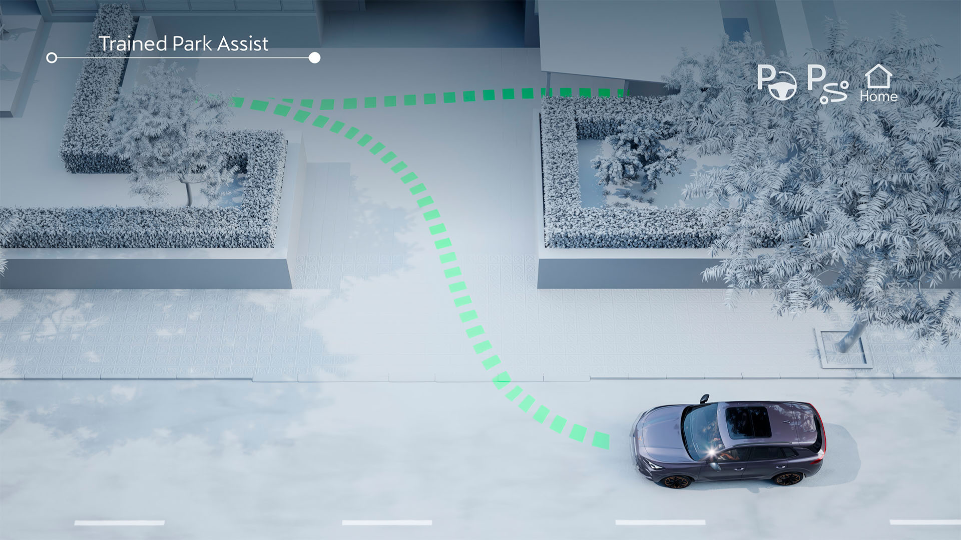 Animation of the intelligent park assist and trained park assist functionality in the CUPRA Terramar, showcasing advanced driver assistance systems for semi-autonomous driving and car parking.
