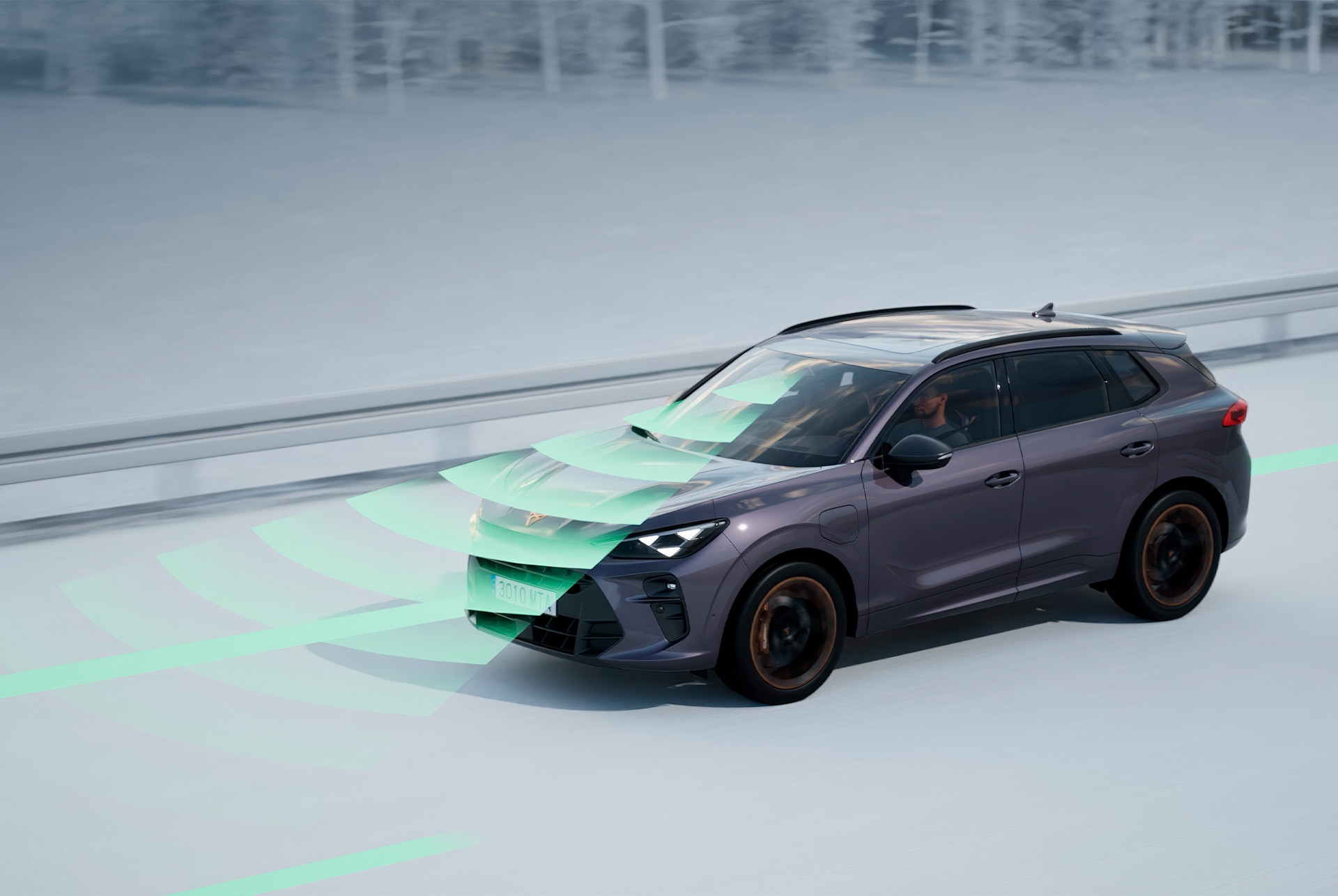 Travel assist function of the CUPRA Terramar, animation demonstrating advanced driver assistance systems.