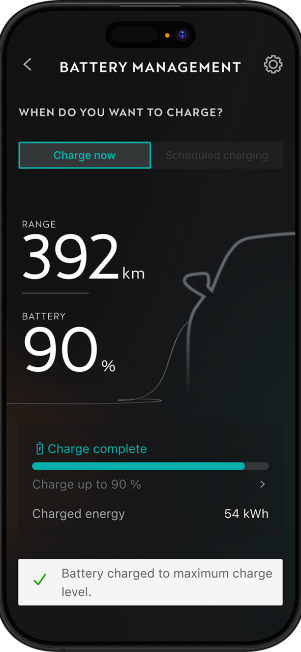 My CUPRA app battery management screen displaying a 90 percent battery charge level, 392 kilometres of range, and active charging status.