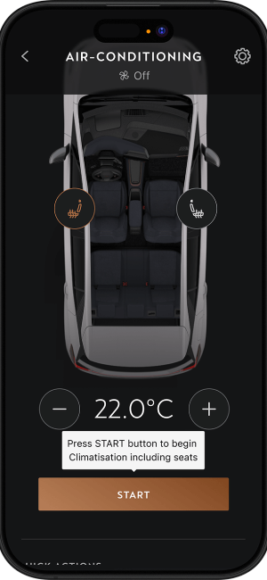 My CUPRA app air-conditioning screen showing a top-down view of a car with temperature controls set to 22 degrees and a start climatisation button.